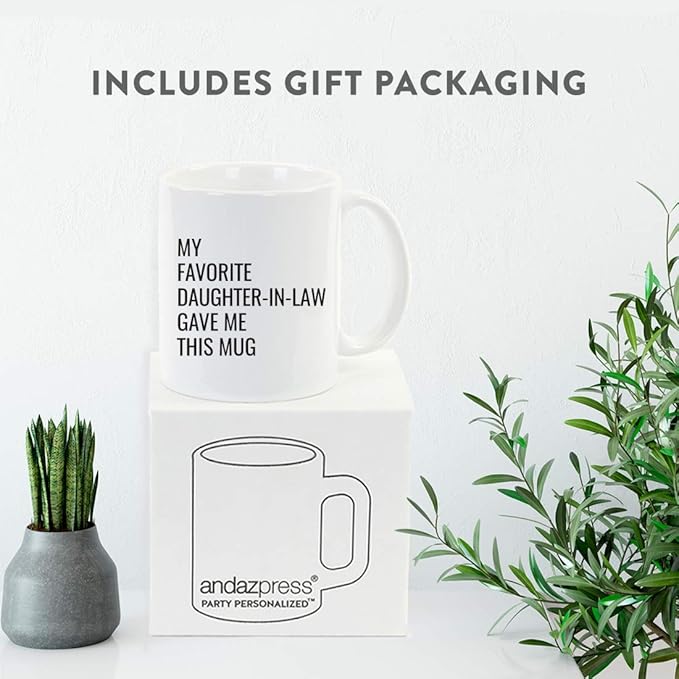 Andaz Press Funny 11oz. Coffee Mug Gift, My Favorite Daughter-In-Law Gave Me This Mug, 1-Pack, Christmas Birthday Drinking Cup For Him Her Family In Laws Relatives Favorite Child Daughter In Law Mug
