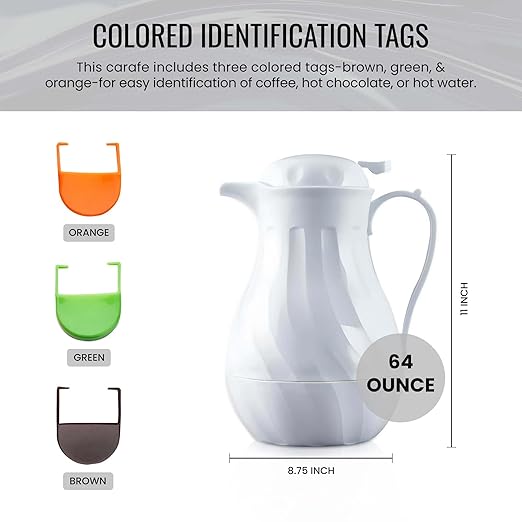 OCS Parts Set of 6 Easy Pour Thermal Coffee Carafes | 11-Inch Insulated Hot and Cold Beverage Pitcher Server for Coffee, Tea, Hot Chocolate and Water | 64-Ounce | White