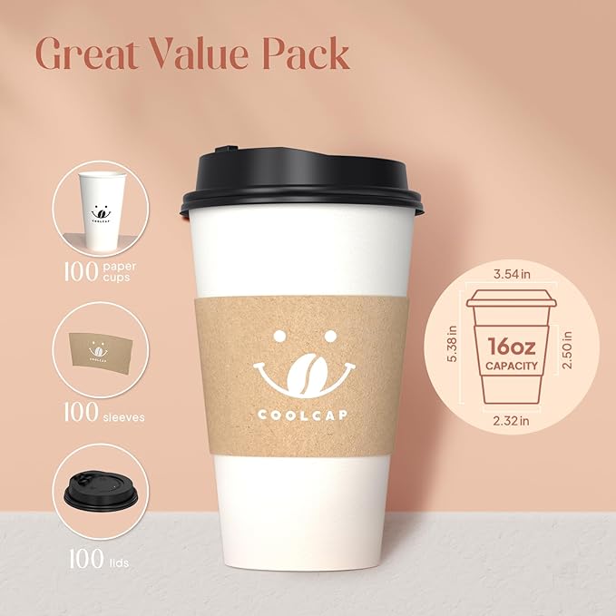 Coolcap Coffee Cups with Lids and Sleeves, 16 Ounce 100 pack To Go Coffee Cups with Lids, Disposable Hot Coffee Paper Cups Bulk for Hot Beverage (16 Ounce, White) | with Lids, and Sleeves, To Go Coffee Cups, with Lids, Bulk, for Hot Beverage