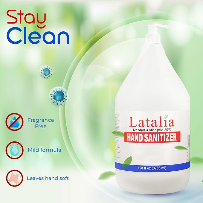 Latalia large Hand Sanitizer Pump 128 fl oz – Pack of 2 with 80% Alcohol Moisturizing Hand Sanitizer Refill Gallon for Home & Office, Unscented Clean Gel, Drying & Non-Sticky for Daily Hand Hygiene