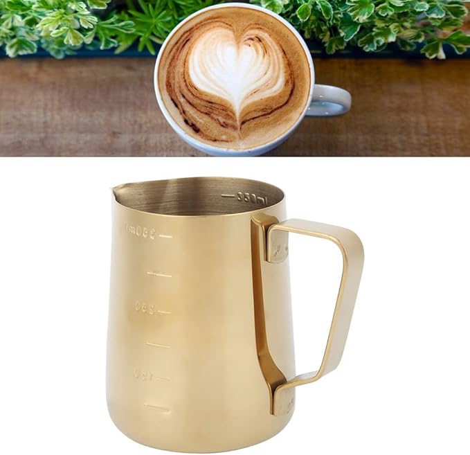 Milk Frothing Cup Stainless Steel, 350ML Milk Frothing Cup Small, Milk Frothing Pitcher Gold with Scale, Home Office Coffee Frother Cups for Gold Coffee Bar Accessories (350ML (with scale))