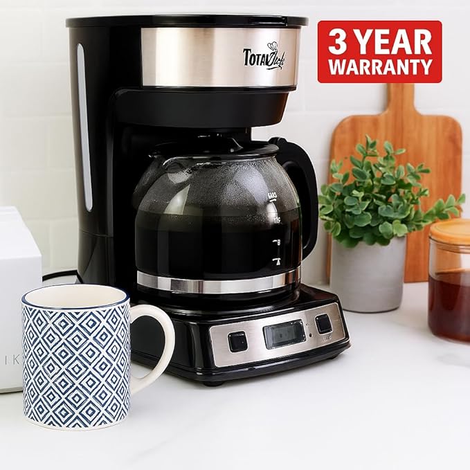 Total Chef Drip Coffee Maker - 12-Cup Programmable Coffee Machine With Glass Pot, Pause and Pour, Auto Shut-Off, Large Water Reservoir, Reusable Filter, Dishwasher Safe Carafe, Percoladora de Café