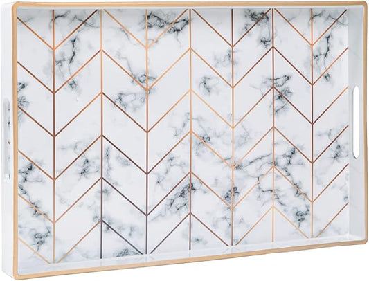 MAONAME Rectangular Decorative Tray, Modern White Serving Tray with Handles, Marbling Plastic Trays for Ottoman, Coffee Table Trays for Living Room, Home Decor, 15.8" x 10.2" x 1.4"