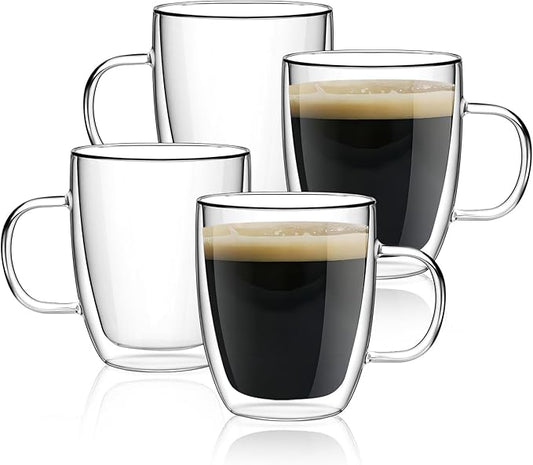 Double Wall Glass Coffee Mugs 350ml / 12oz – Set of 2 Insulated Clear Cups for Espresso, Latte, Cappuccino, Tea, Hot or Cold Drinks (12oz set of 4)