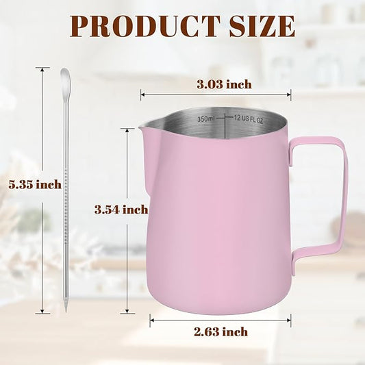 Milk Frothing Pitcher, 12 oz Milk Frother Cup with Clear Scale, 304 Stainless Steel Cappuccino Espresso Machine Accessories for Barista Coffee Bar with Latte Art Pen, Pink