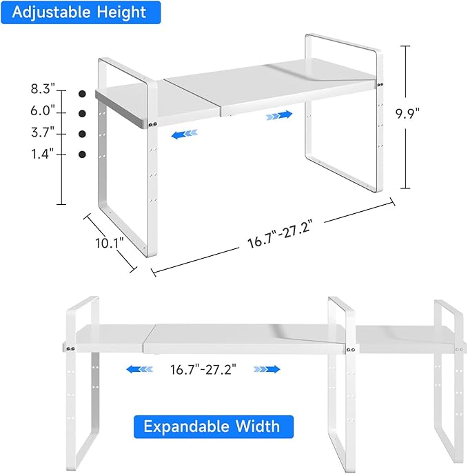 KIKIBRO Expandable Cabinet Shelf Organizer, Stackable Kitchen Pantry Counter Storage, Adjustable Closet Cupboard Stand Rack Risers Spice Organization, 80LBS Heavy Duty, White 3 Pack