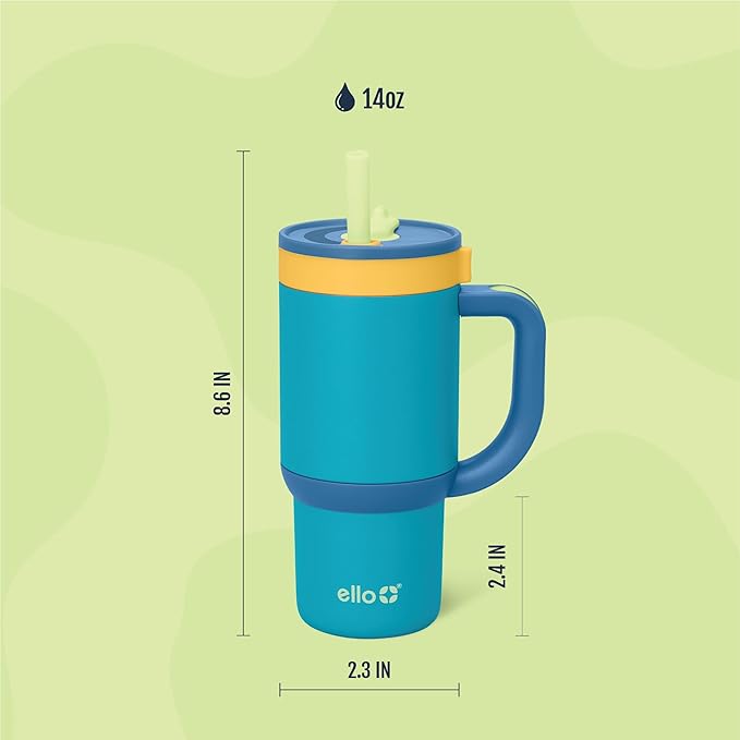Ello Oasis 14oz Stainless Steel Toddler Tumbler with Handle & Retracting Straw, 100% Leakproof, Double-Wall Vacuum Insulated, Kids Water Bottle for School, BPA Free, Dishwasher Safe, Glacier