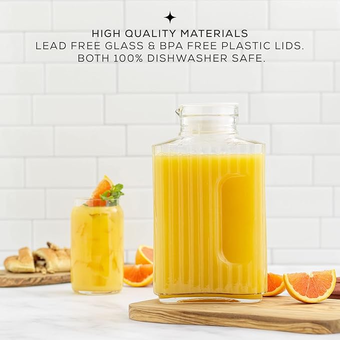 68oz Glass Pitcher with Lid (2 Lids), Rectangle Beverage Serveware and Storage Container for Cold Drinks and Liquids, Water Containers, 2 Quart Pitcher with Lid for Kool Aid and Lemonade