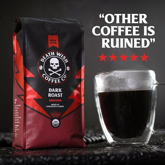 Death Wish Coffee Dark Roast Grounds -16 Oz, 4 Packs of Bold & Intense Blend of Arabica & Robusta Beans - USDA Organic Ground Coffee - Pack of 2