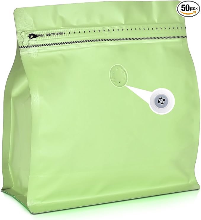 50 Count 16oz Coffee Bags with Valve,1lb Vented Coffee Beans Packaging Bags High Barrier Aluminumed Foil Flat Bottom Heat Sealed Side Zipper Resealable Storage Bag for Home or Business（Green）