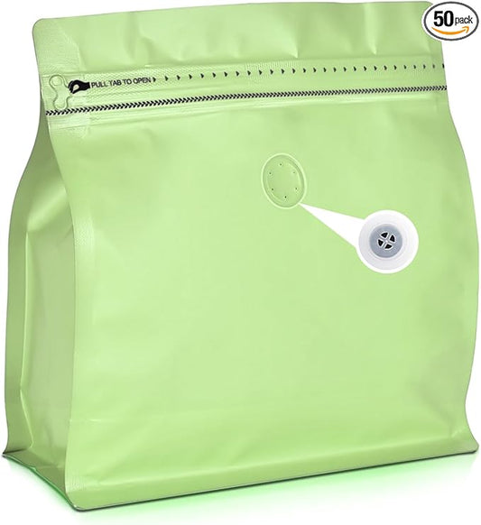 50 Count 16oz Coffee Bags with Valve,1lb Vented Coffee Beans Packaging Bags High Barrier Aluminumed Foil Flat Bottom Heat Sealed Side Zipper Resealable Storage Bag for Home or Business（Green）