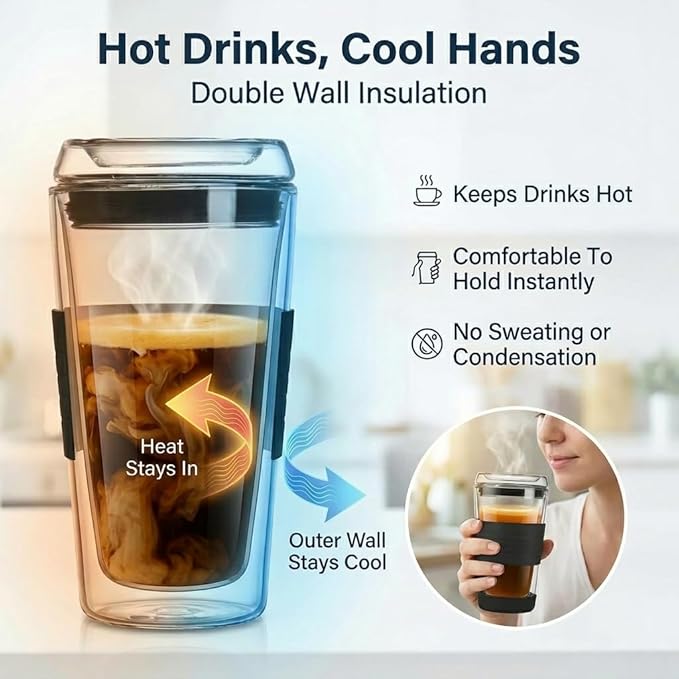 16oz Double Wall All Glass Tumbler with Lid, Dishwasher Safe & Microwavable Glass Travel Mug, Clear Coffee Tumbler To Go, Reusable Ceramic Cup for Hot & Cold Drinks