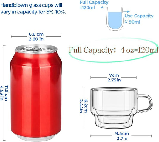 glastal Stackable Glass Cups 4 oz Espresso Glasses Double Walled Espresso Cups Glass Set of 2, 120ml Coffee Glasses Tea Glasses Espresso Cups Set for Tea, Milk, Gifts for Women Man - German Quality