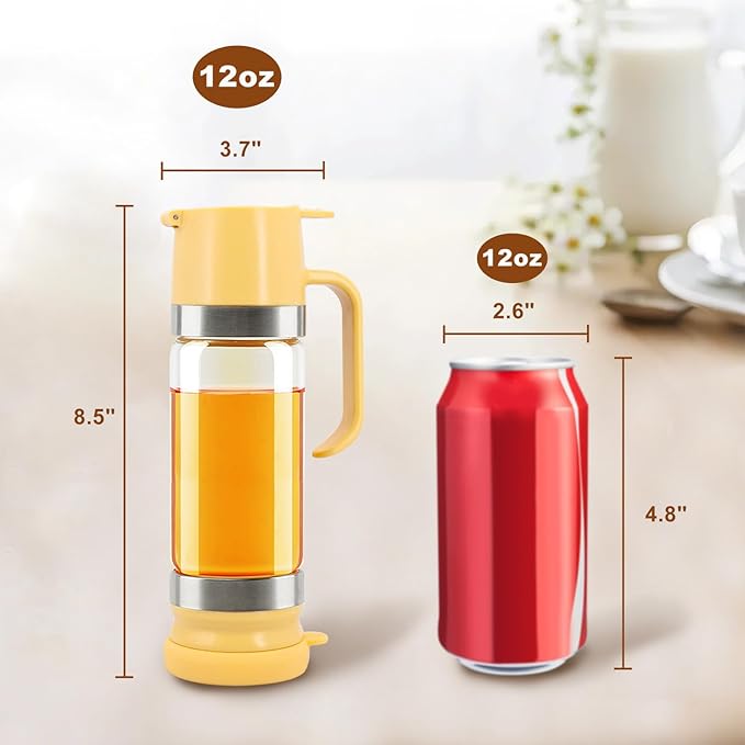 Glass Honey Dispenser No-Drip with Handle – 12 oz Maple Syrup Jar Dispenser for Coffee, Pancakes & Waffles – Elegant Glass Syrup Container for Easy Pouring – Honey Jar for Kitchen & Breakfast Table