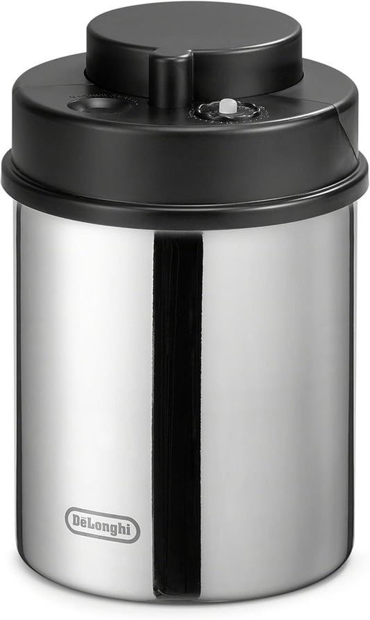 De'Longhi Coffee Canister, Vacuum Sealed Food Storage Container with Airtight Lid & Built-in Date Indicator, Polished Stainless Steel (Holds 1 LB / 500 g), DLSC063