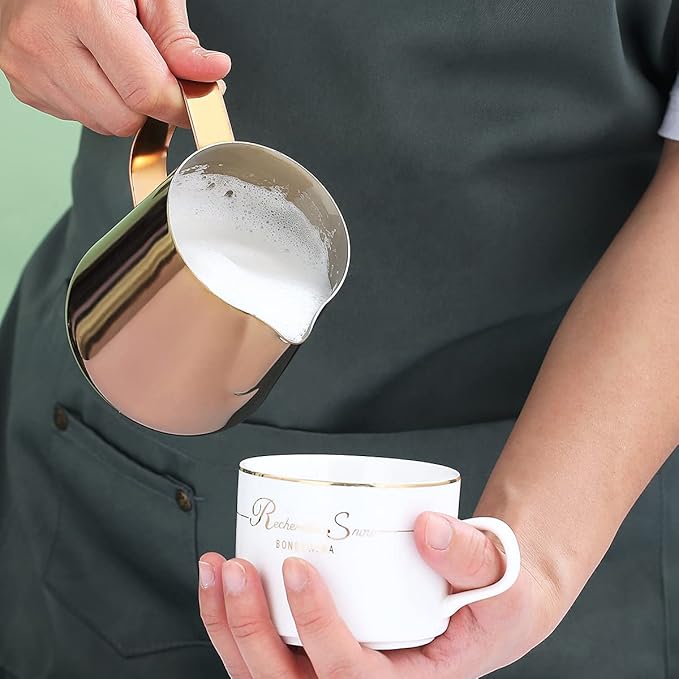 Milk Frothing Pitcher 12oz - 350ml, Kyraton Stainless Steel Espresso Steaming Pitchers with Decorating Pen,Milk Coffee Frother Cups Cappuccino Latte Art Barista Steam Pitchers Milk Jug Cup (Rose Gold)