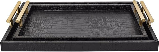 Set of 2 Modern Elegant Large Wood Serving Tray, Rectangle Decorative Tray Ottoman Tay Coffee Table Tray, Black Crocodile Leather with Gold Polished Metal Handles