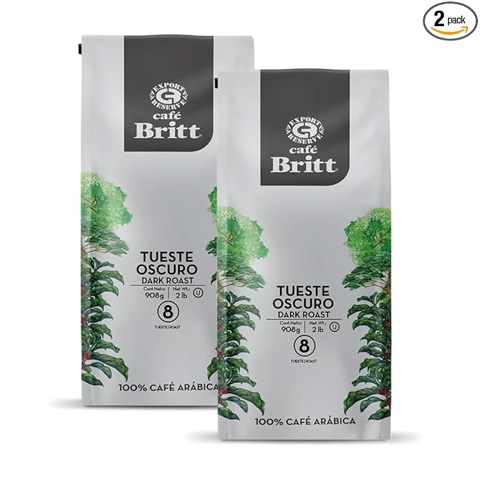 Café Britt® - Costa Rican Dark Roast (2 Lbs Each) (2-Pack) (4 Lbs Total) - Whole Bean, Arabica Coffee, Kosher, Gluten Free, 100% Gourmet & Dark Roast