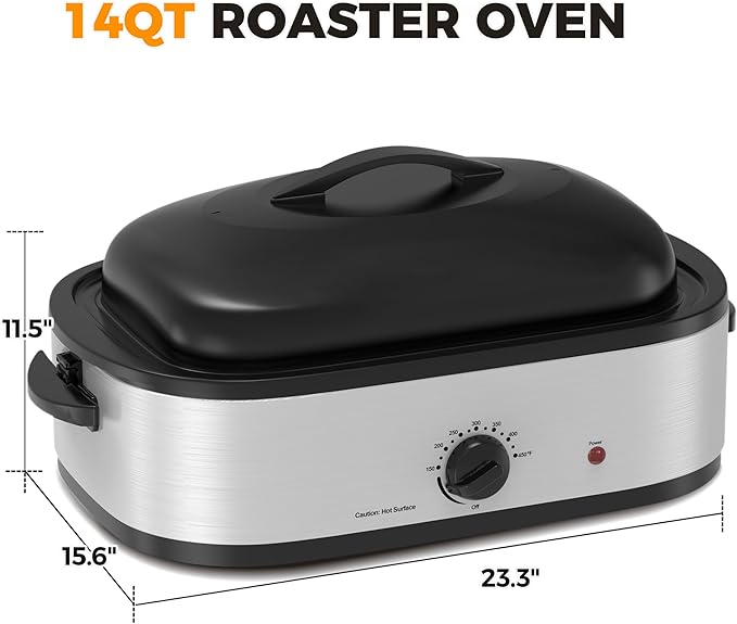 14 Quart Electric Roaster Oven, Turkey Roaster Oven with Self-Basting Lid, Stainless Steel Roaster Pan, Silver