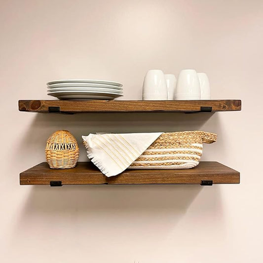 Rustic Shelves with J-Brackets Set of 2, Industrial Shelf, Kitchen Shelves, Solid Wood, Decorative Wall Storage, Heavy Duty, URBANDI (Provincial, 12Wx8D)