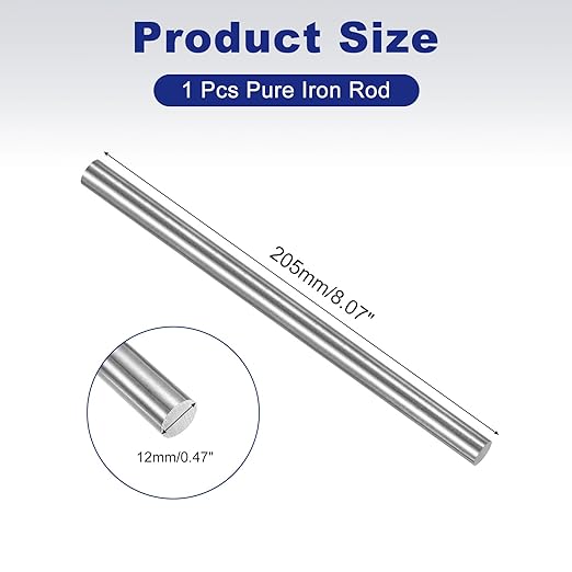 PATIKIL Pure Iron Bar, 0.47" Diameter 8.07" Length Iron String Rod Steel Stick DIY Craft Supplies for Crafting Science Lab Testing