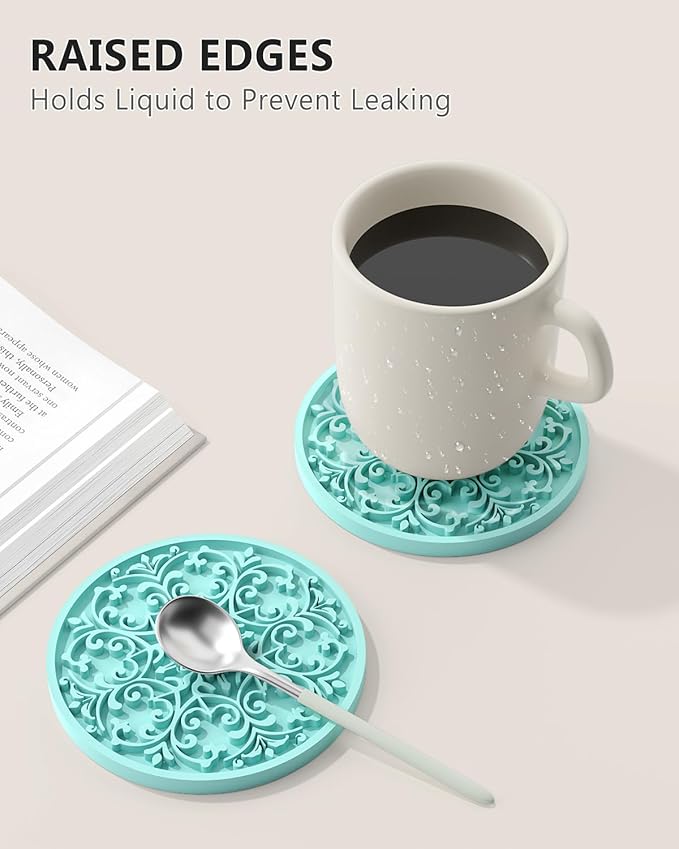 Drink Coasters, Coasters Set of 6 for Cup with Holder, Non-Slip Silicone Cup Mats for Hot and Cold Drinks, Cute Absorbent Coffee Bar Accessories Table Decor, Lake Blue