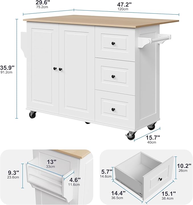 Mobile Kitchen Island with Drop Leaf, Rolling Kitchen Cart with 3 Drawers, Kitchen Storage Cabinet on Wheels, Island Table with Towel and Spice Rack for Dining Room, Living Room, White
