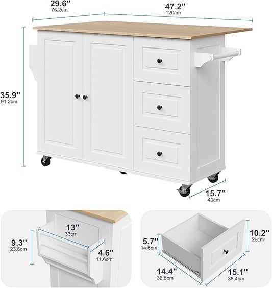 Mobile Kitchen Island with Drop Leaf, Rolling Kitchen Cart with 3 Drawers, Kitchen Storage Cabinet on Wheels, Island Table with Towel and Spice Rack for Dining Room, Living Room, White