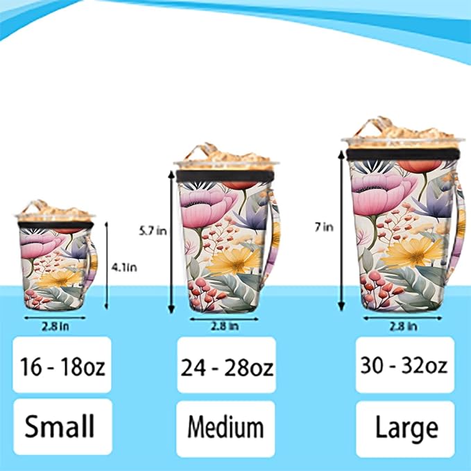 Reusable Iced Coffee Cup Sleeve Florals Neoprene Insulated Sleeves Cup Holder with handle Idea for 16oz - 18oz