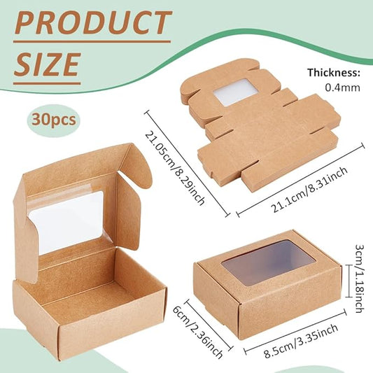 BENECREAT 30 Pack 3.3x2.3x1inch Rectangle Brown Kraft Paper Boxes with Clear Window for Wedding Party Favor Treats, Bakery, Valentine's Day Jewelry Gift Packaging