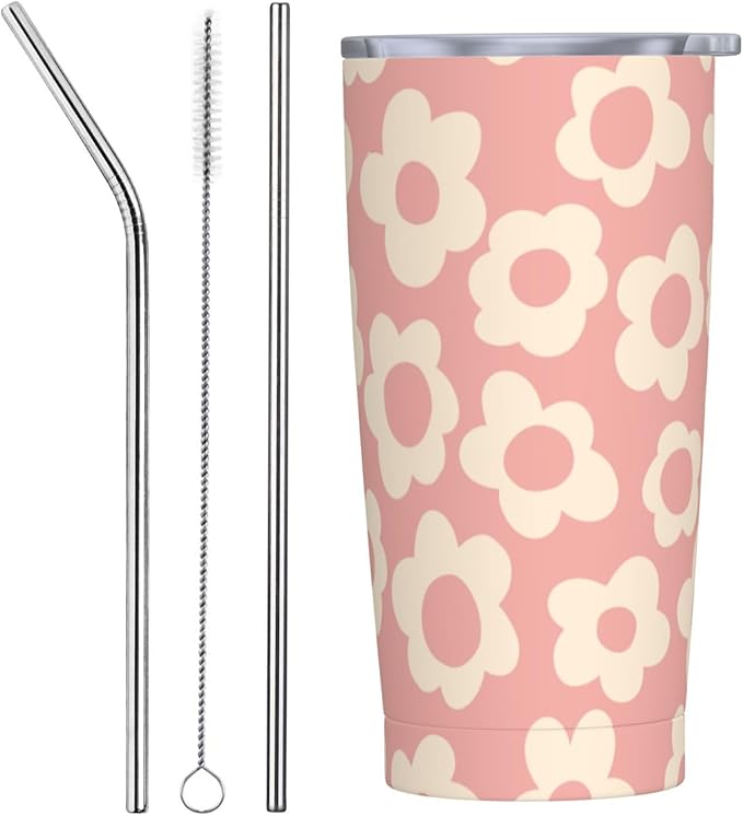 Vintage Groovy Flowers 20oz Stainless Steel Insulated Tumblers Travel Mug Cup Leakproof Gift For Men Women Hot & Cold Drinks Splash-Proof Lid Metal Straw and Brush