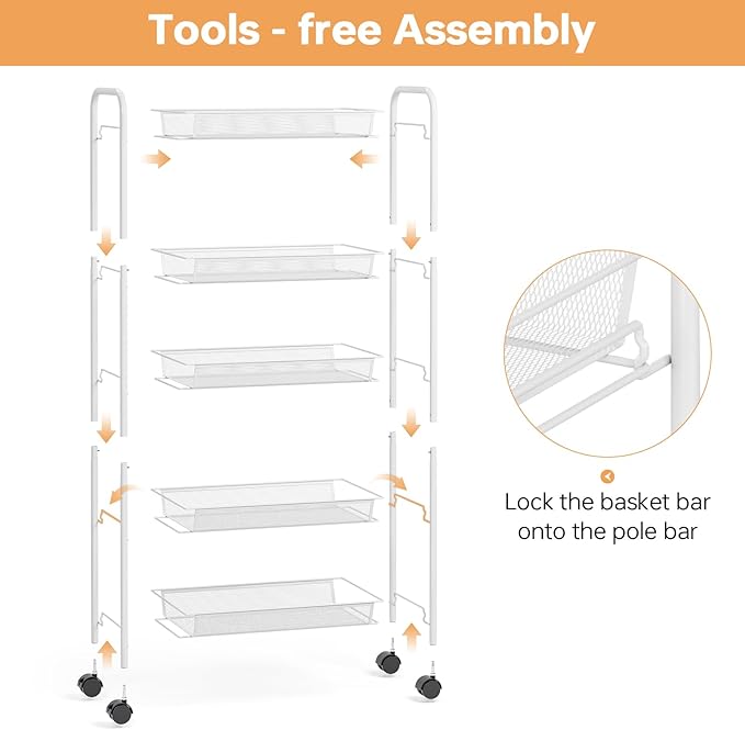 TOOLF 5-Tier Rolling Cart, Metal Utility Cart with 3 Hooks, Easy Assemble Mobile Storage Trolley On Wheels, Metal Shelving Units Kitchen Bathroom Laundry Room