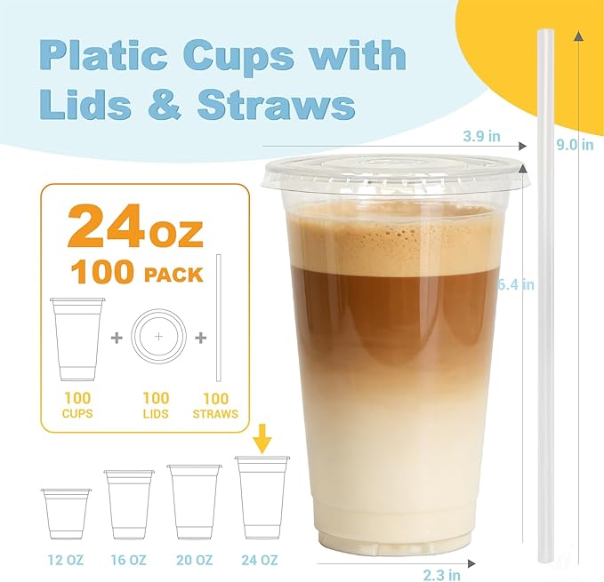 Coolcap 24 oz 100 Pack Disposable Clear Plastic Cups with Lids and Straws, Food Safe Bulk Iced Coffee Cups for Smoothies, Milkshakes and Other Cold Drinks