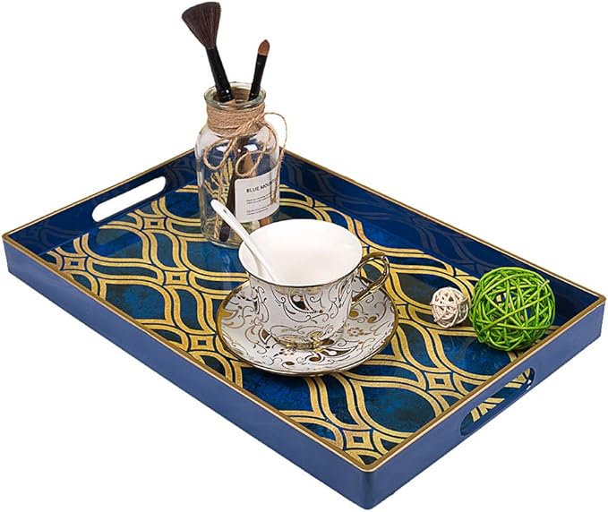 MAONAME Blue Decorative Tray with Handles, Plastic Serving Tray for Coffee Table, Marbling Rectangular Tray for Ottoman, Bathroom, Storage, 15.7" Lx 10.2" W X 1.57" H
