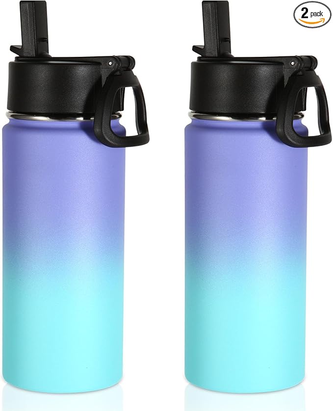 Volhoply 16 OZ Kids Water Bottle Bulk 2 Pack,Insulated Sports Bottles with Straw Lid,Stainless Steel Bottle with Handle Keep Cold & Hot,Double Wall Vacuum Tumbler Cups for School(Purple Blue, 2)