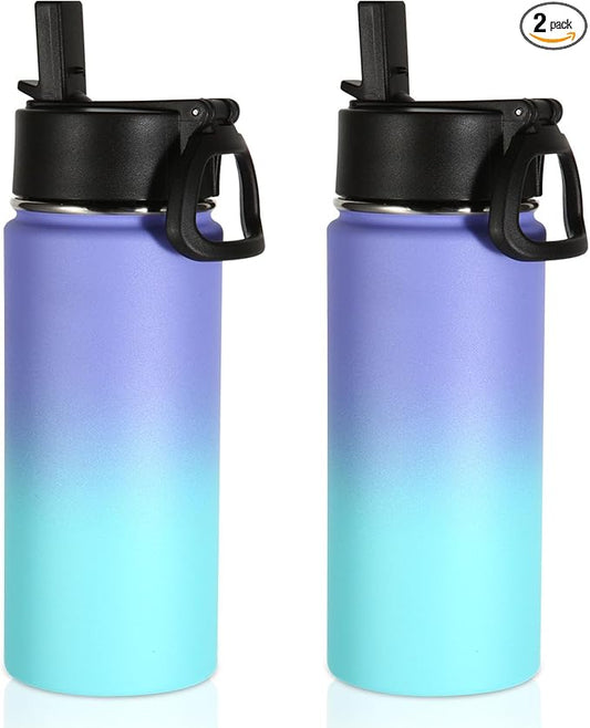 Volhoply 16 OZ Kids Water Bottle Bulk 2 Pack,Insulated Sports Bottles with Straw Lid,Stainless Steel Bottle with Handle Keep Cold & Hot,Double Wall Vacuum Tumbler Cups for School(Purple Blue, 2)
