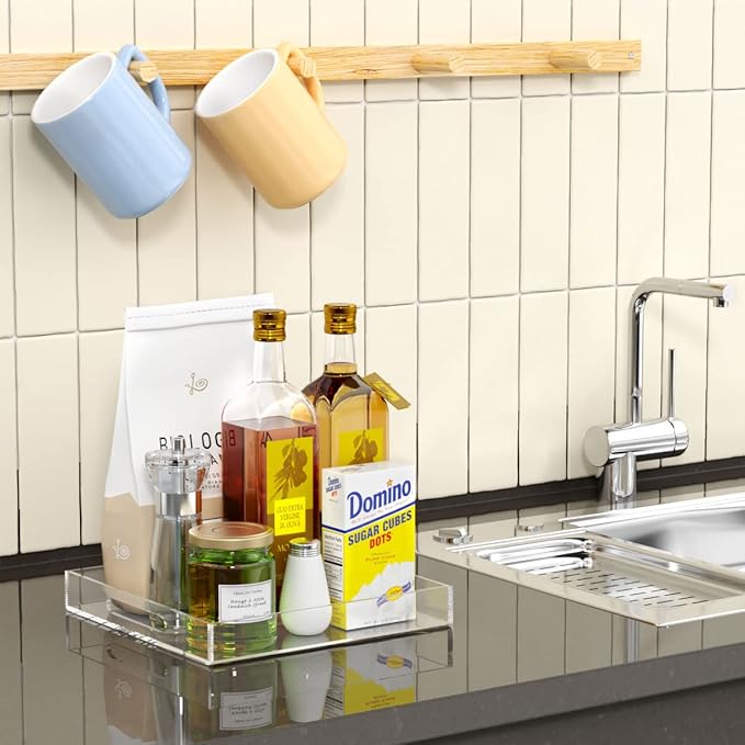 NIUBEE Clear Serving Tray 15x15 Inches - Spill-Proof Acrylic Organizer with Handles for Coffee Table, Ottoman & Countertop | Decorative Tray for Breakfast in Bed, Drink Serving & Home Organization