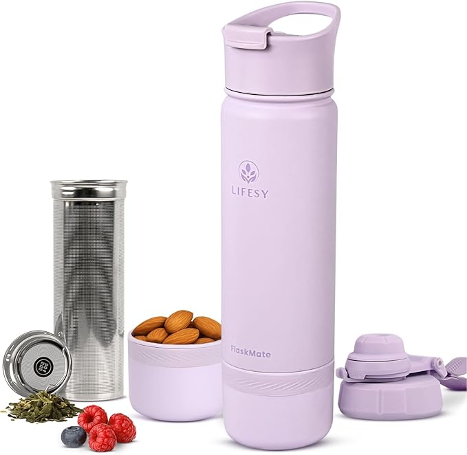 Tea Infuser Bottle & Cold Brew Travel Bottle – 18oz Insulated Flask with Storage, Filter & Dual Lids – For Work, Wellness & Gym – FLASKMATE All-in-One System (Mystic Lilac)