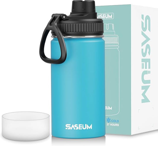 SASEUM Kids Sport Water Bottle 12oz Stainless Steel Double Wall Vacuum Thermal Mug with Leak Proof Spout Lids, Wide Mouth Metal Insulated Water Jug for Gym and Travel（Sky Blue）
