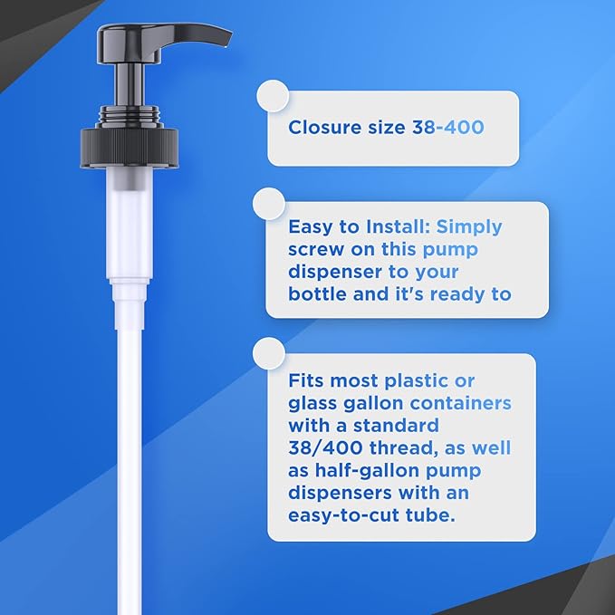 Gallon Pump Dispenser for Glass Jugs or Plastic Bottles - Compatible with Listerine Pump 1-1.5L Bottle Heavy-Duty Commercial Grade for Syrup, Soap, Condiments, Detergent - Pack of 6 Black Pumps
