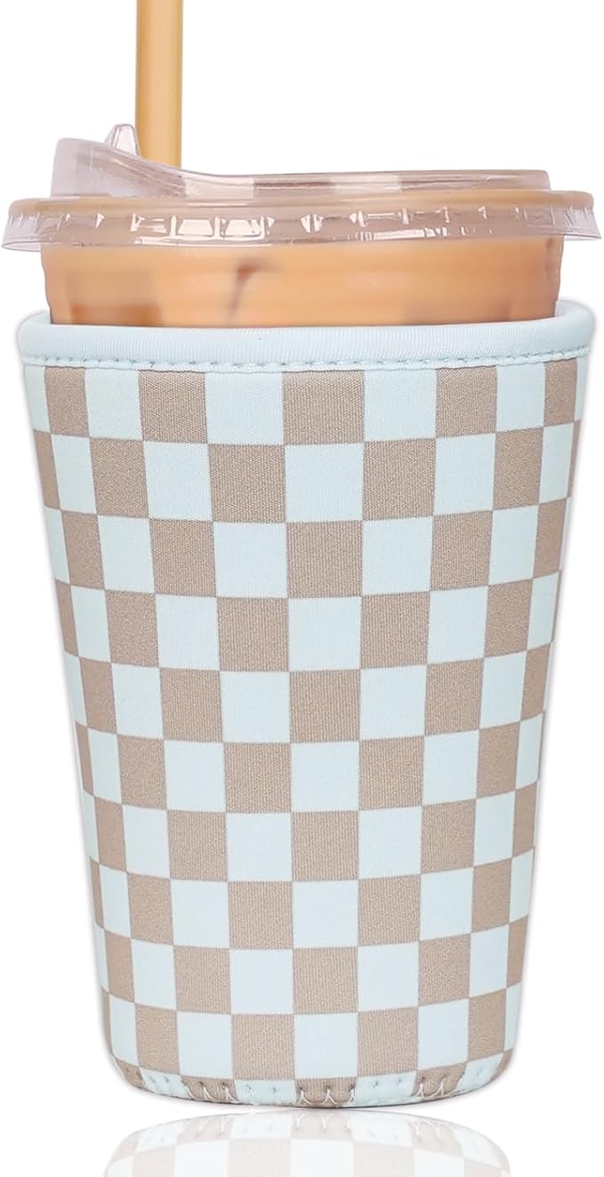 Reusable Insulated Sleeve for Iced Coffee Cup, Coffee Neoprene Sleeve for Cold & Hot Drinks, Beverage Holder for Iced Coffee (Classic Checker, Medium: 22-24oz)