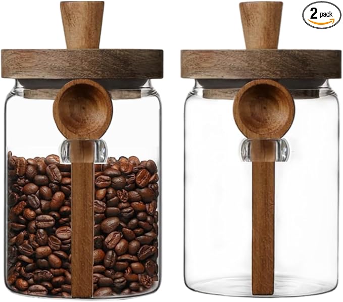 ANSQU Set of 2 Glass Food Storage Jars with Bamboo Wood Lid and Spoon, 20.3oz Glass Kitchen Canisters for Coffee, Tea, Cereal, Spice and Canning, Mason Jars, Cute Jar