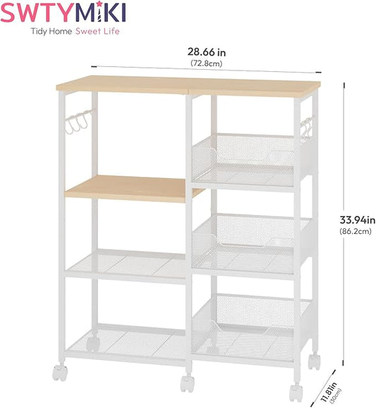 SWTYMIKI Kitchen Island Cart on Wheels - 4 Tier Rolling Kitchen Table Cart with Storage Shelves, 6 Removable Hooks& Locking Casters, Coffee Bar Cabinet for Dining Room Pantry Office, White