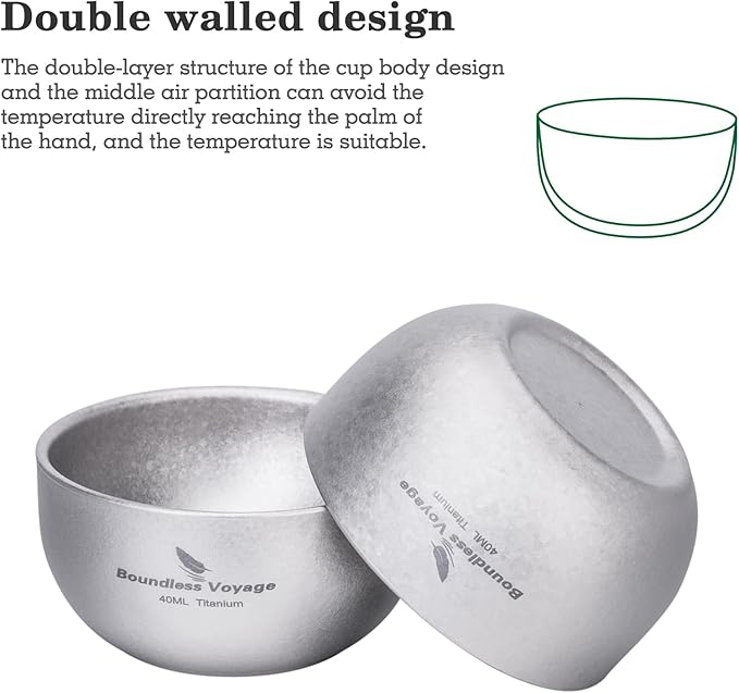 iBasingo Titanium Double Wall Mini Cups Small 40ml Tea Cups for Drinking, Whiskey, Espresso, Coating-Free, Dishwasher Safe Ti3204D (Silver * 2)