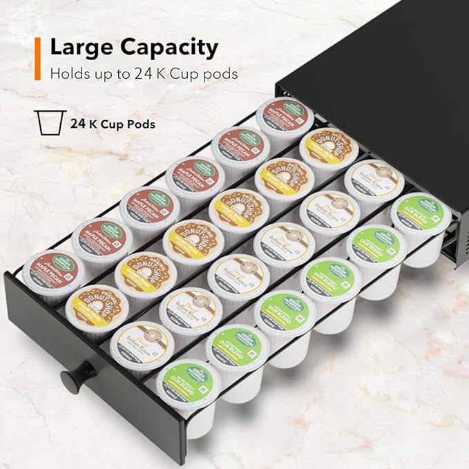 SICHEER K Cup Organization Storage Drawer Maker K Cup Holder Sliding Tray Pull out Coffee Pod Organizer Rolling Stand Countertop Maker Stand Rack Capsules Compatible with Keurig Accessories 24 Pods