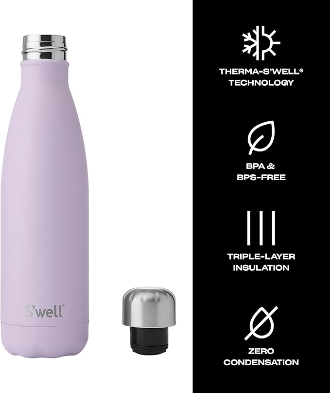 S'well Stainless Steel Water Bottle, 17oz, Lilac, Triple Layered Vacuum Insulated Containers Keeps Drinks Cold for 36 Hours and Hot for 18, BPA Free, Perfect for On the Go