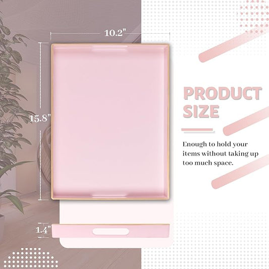MAONAME Pink Serving Tray with Handles, Modern Decorative Tray for Coffee Table, Plastic Rectangular Trays for Ottoman, Bathroom, Decor, 15.8” x 10.2” x 1.4"