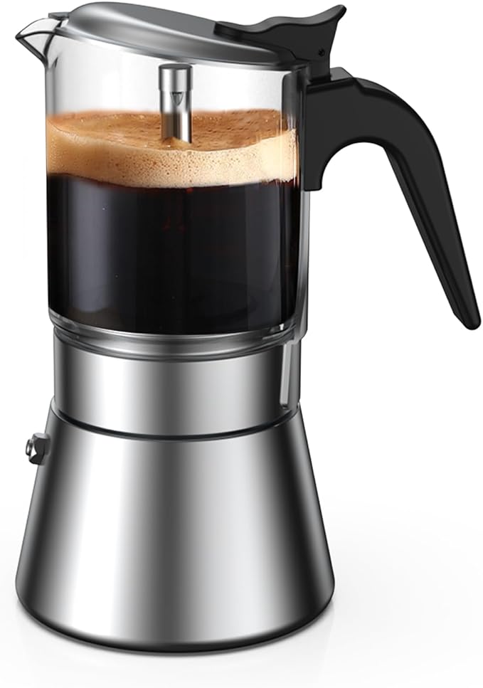 SIXAQUAE Moka Induction Stovetop Espresso Maker,Crystal Glass-top & Stainless Steel Espresso Moka Pot,Classic Italian coffee maker,240ml(6cup)