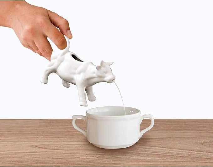 HIC Kitchen Cow Creamer with Handle, Fine Porcelain, 6-Ounce, for Serving Milk, Cream, Syrup, Dressings, and Sauces