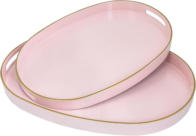 MAONAME Pink Serving Trays with Handles, Oval Decorative Trays for Coffee Table, Nesting Tray Set of 2, Plastic Vanity Tray for Ottoman, Living Room